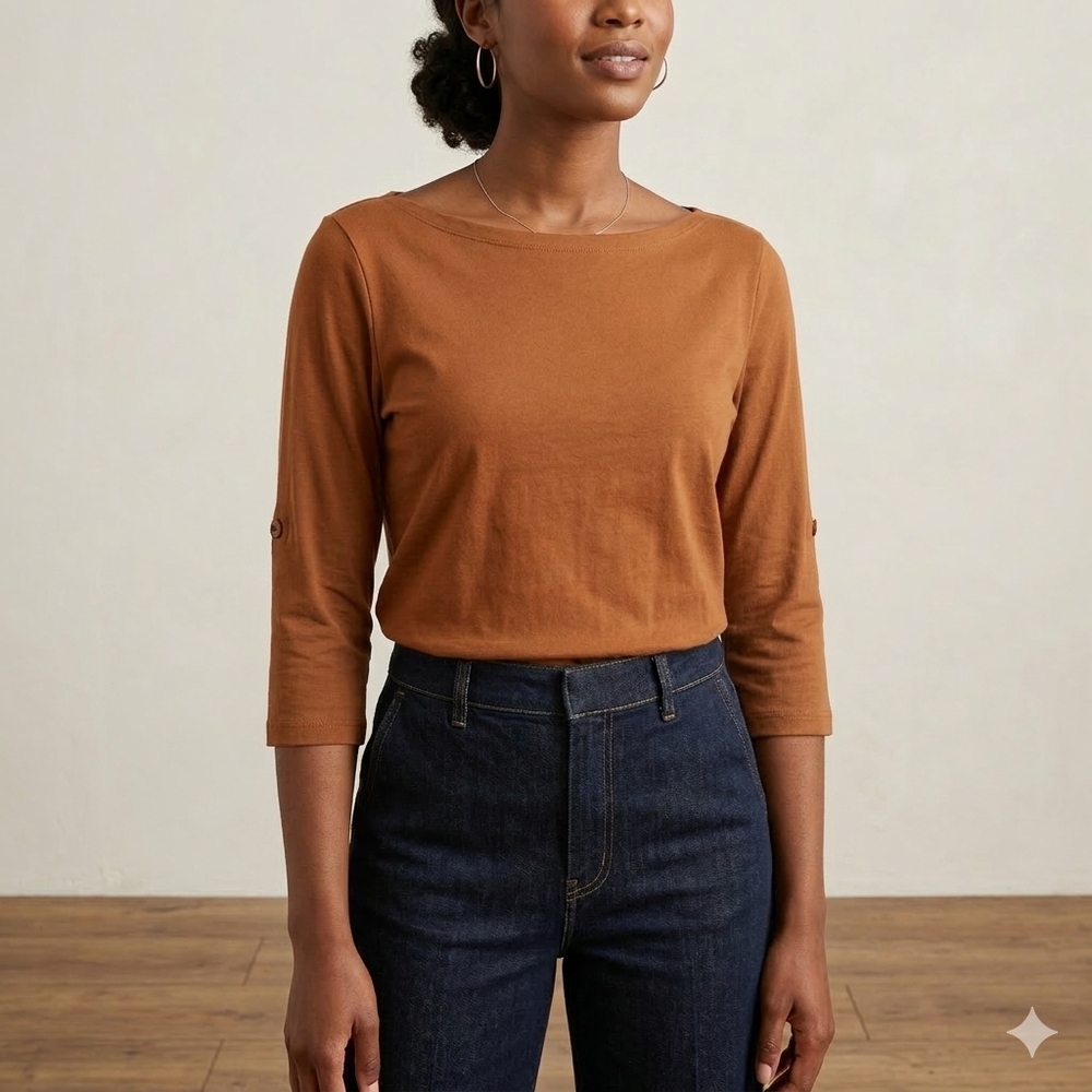 Lands' End Brown 3/4 Sleeve Boatneck Tee